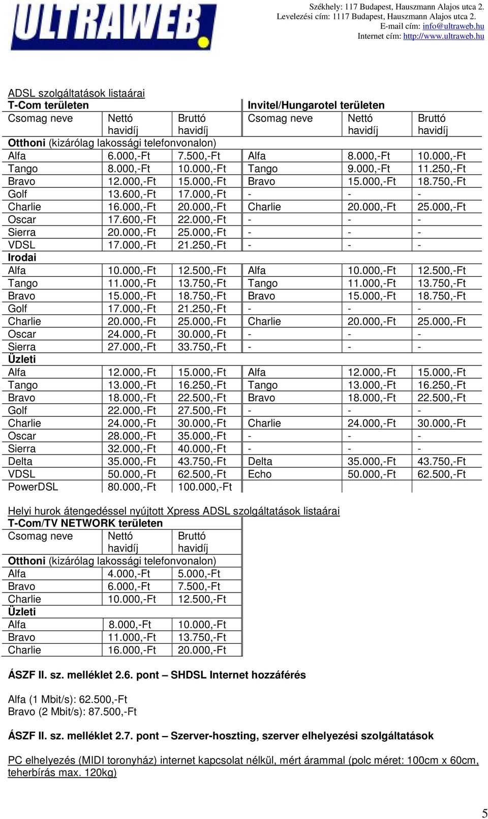 000,-Ft Charlie 20.000,-Ft 25.000,-Ft Oscar 17.600,-Ft 22.000,-Ft - - - Sierra 20.000,-Ft 25.000,-Ft - - - VDSL 17.000,-Ft 21.250,-Ft - - - Irodai Alfa 10.000,-Ft 12.500,-Ft Alfa 10.000,-Ft 12.500,-Ft Tango 11.