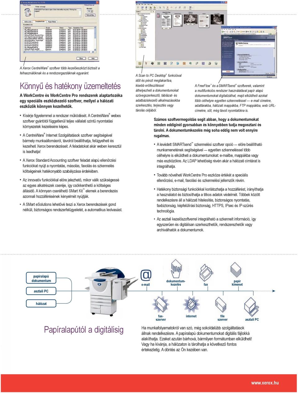 Kísérje figyelemmel a rendszer működését. A CentreWare webes szoftver gyártótól függetlenül teljes vállalati szintű nyomtatási környezetek kezelésére képes.