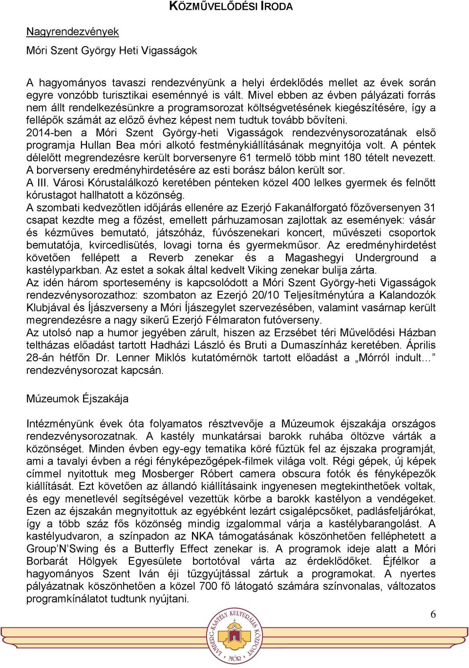 2014-ben a Móri Szent György-heti Vigasságok rendezvénysorozatának első programja Hullan Bea móri alkotó festménykiállításának megnyitója volt.
