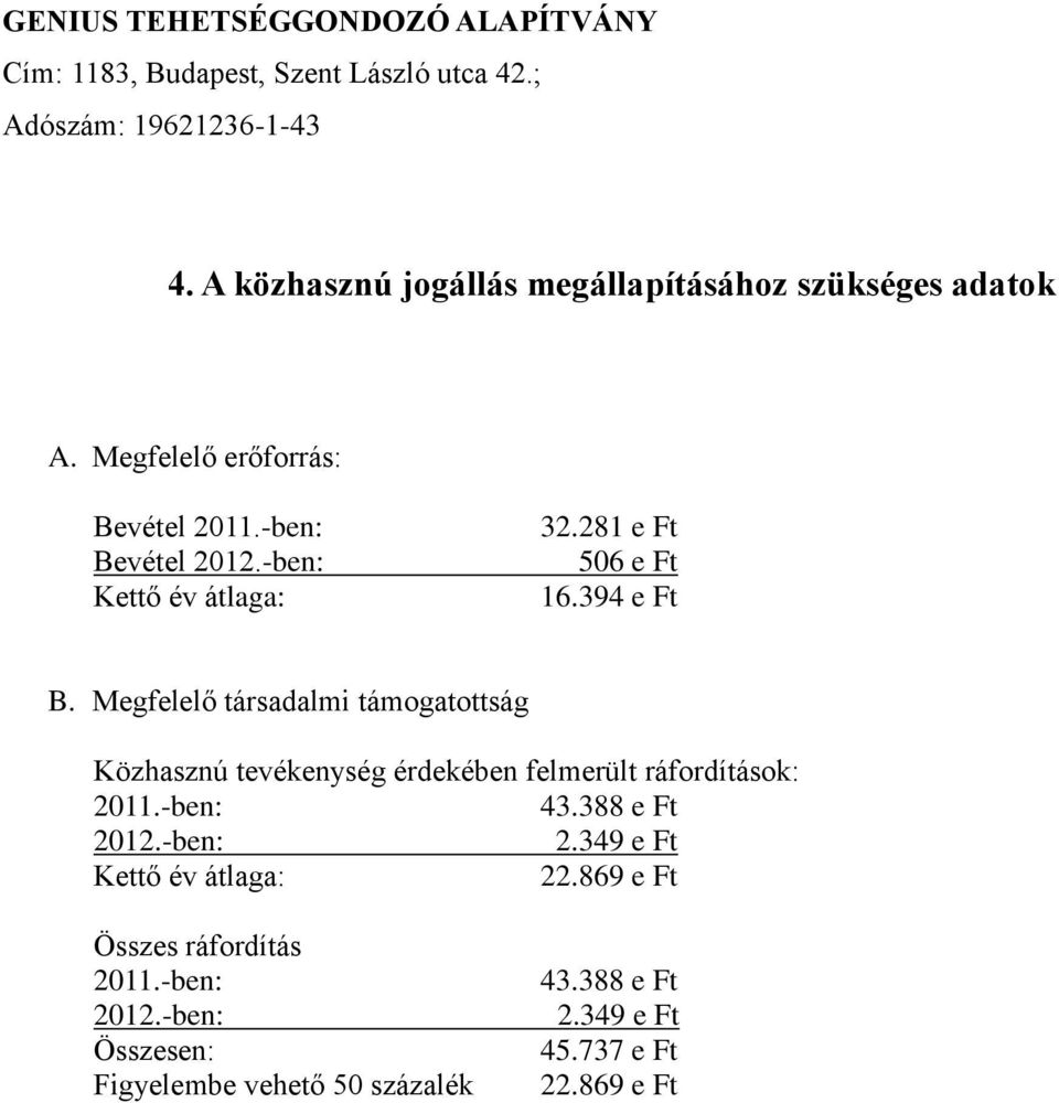 Megfelelő társadalmi támogatottság Közhasznú tevékenység érdekében felmerült ráfordítások: 2011.-ben: 43.388 e Ft 2012.-ben: 2.