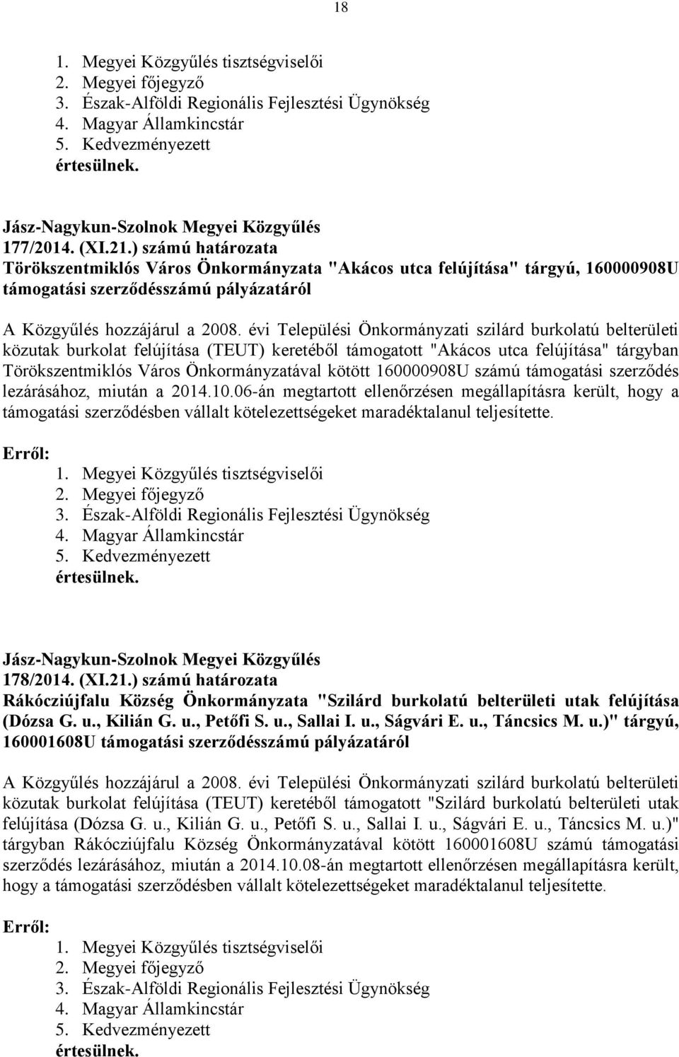 ) számú határozata Törökszentmiklós Város Önkormányzata "Akácos utca felújítása" tárgyú, 160000908U támogatási szerződésszámú pályázatáról A Közgyűlés hozzájárul a 2008.