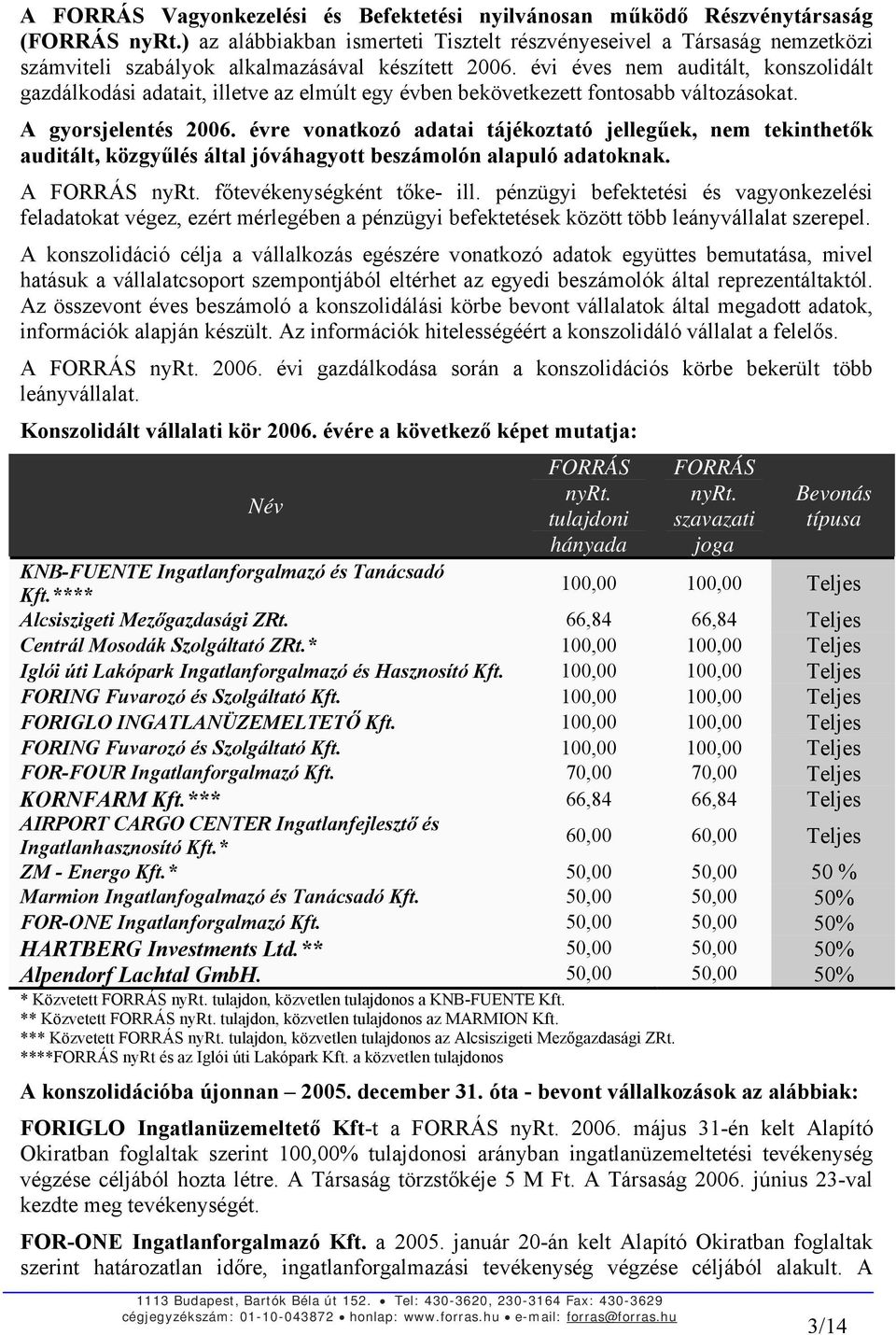 évi éves nem auditált, konszolidált gazdálkodási adatait, illetve az elmúlt egy évben bekövetkezett fontosabb változásokat. A gyorsjelentés 2006.