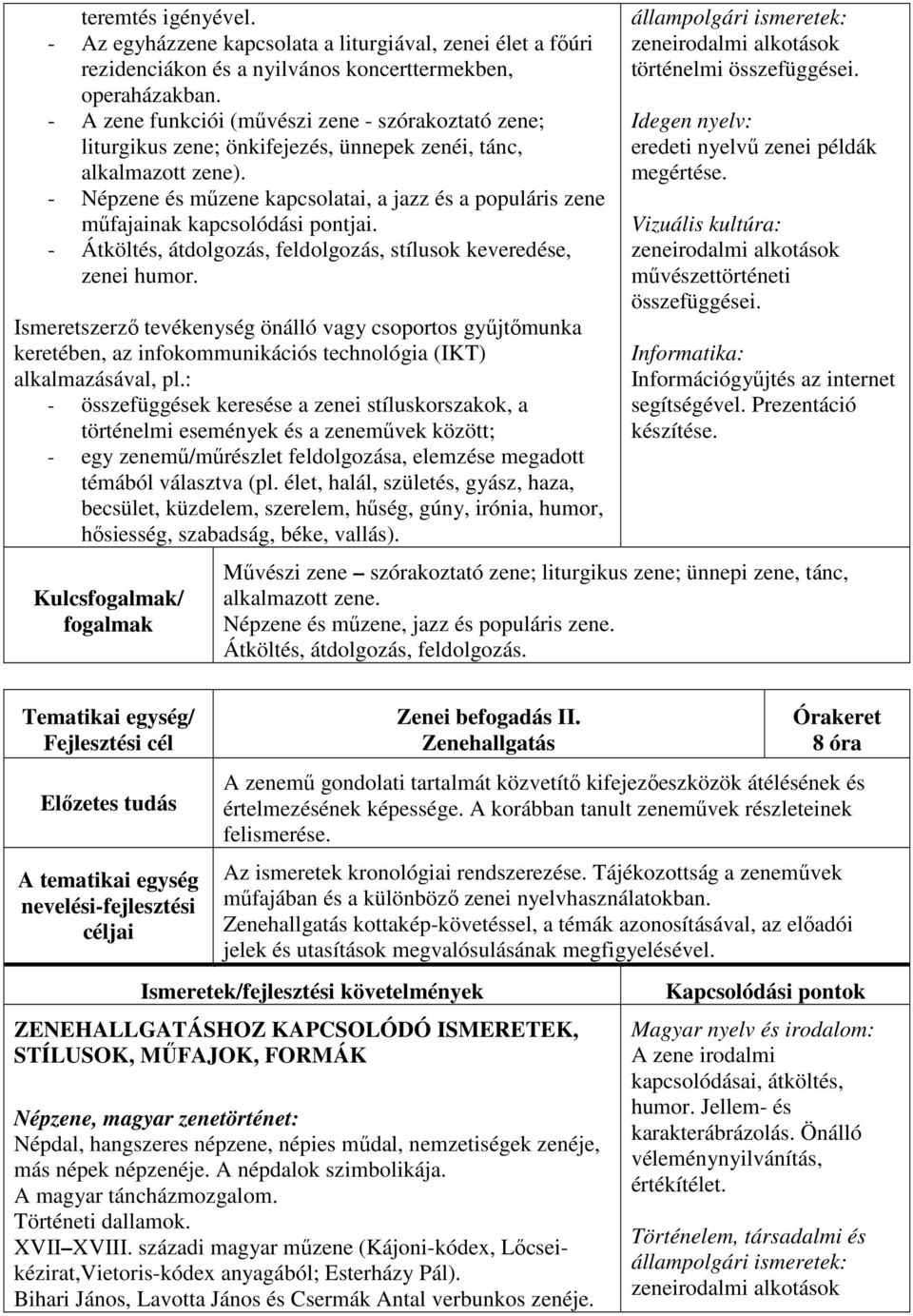 - Népzene és műzene kapcsolatai, a jazz és a populáris zene műfajainak kapcsolódási pontjai. - Átköltés, átdolgozás, feldolgozás, stílusok keveredése, zenei humor.