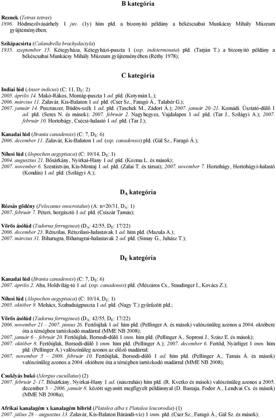 ) a bizonyító példány a békéscsabai Munkácsy Mihály Múzeum gyűjteményében (Réthy 1978); C kategória Indiai lúd (Anser indicus) (C: 11, D E : 2) 2005. április 14. Makó-Rákos, Montág-puszta 1 ad. pld.