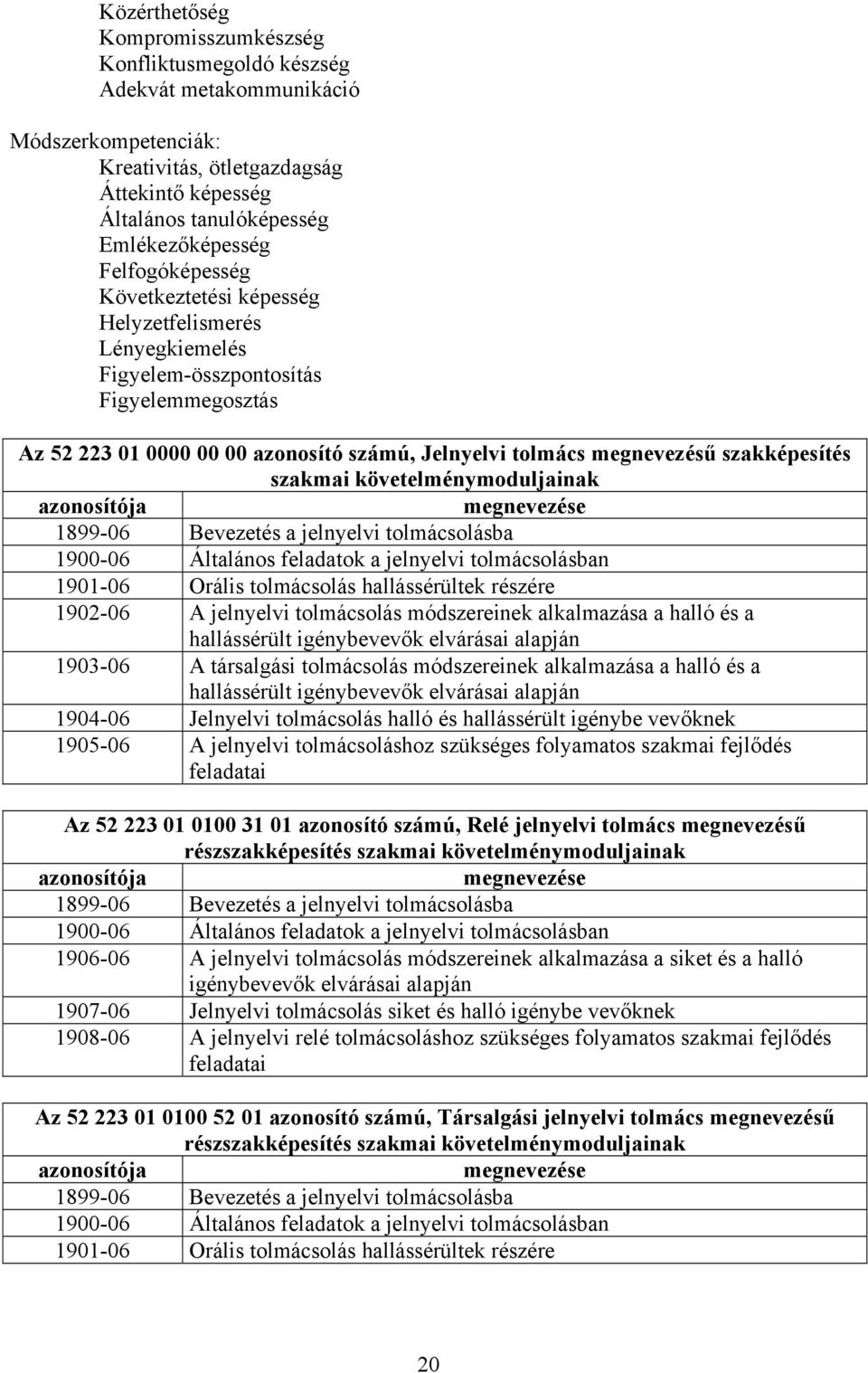 szakmai követelménymoduljainak azonosítója megnevezése 1899-06 evezetés a jelnyelvi tolmácsolásba 1900-06 Általános feladatok a jelnyelvi tolmácsolásban 1901-06 Orális tolmácsolás hallássérültek