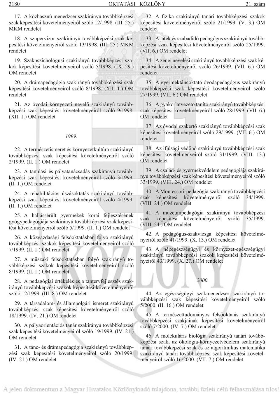 Szakpszichológusi szakirányú továbbképzési szakok képesítési követelményeirõl szóló 5/1998. (IX. 29.) OM rendelet 20.