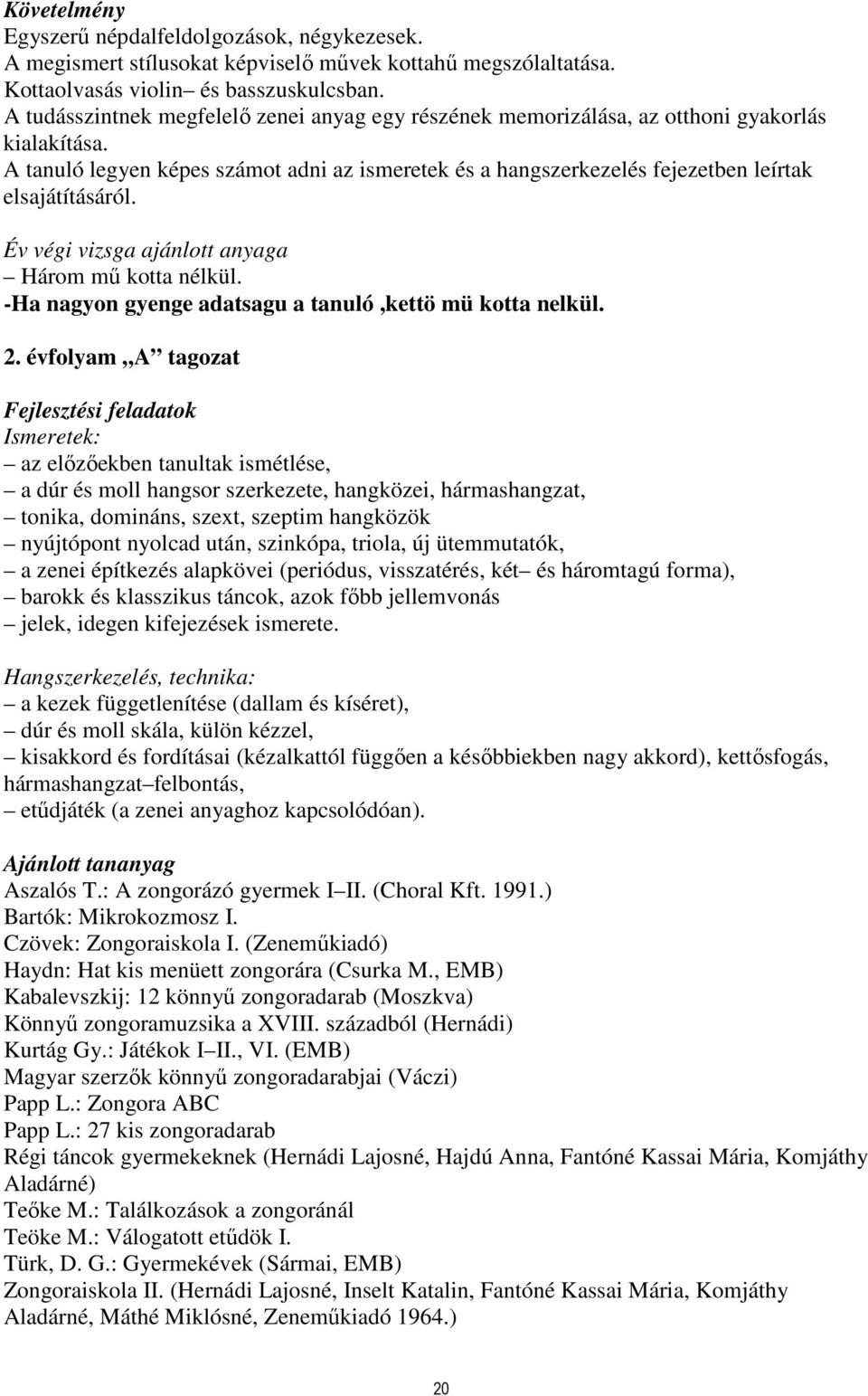 A tanuló legyen képes számot adni az ismeretek és a hangszerkezelés fejezetben leírtak elsajátításáról. Év végi vizsga ajánlott anyaga Három mű kotta nélkül.