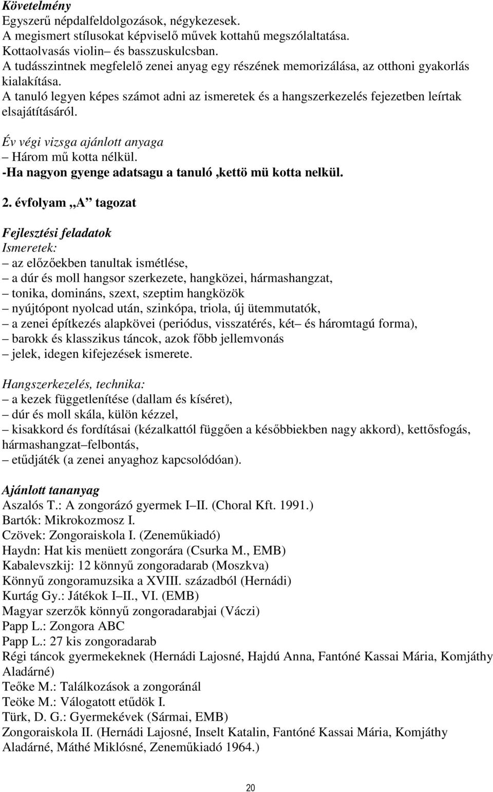 A tanuló legyen képes számot adni az ismeretek és a hangszerkezelés fejezetben leírtak elsajátításáról. Év végi vizsga ajánlott anyaga Három mű kotta nélkül.