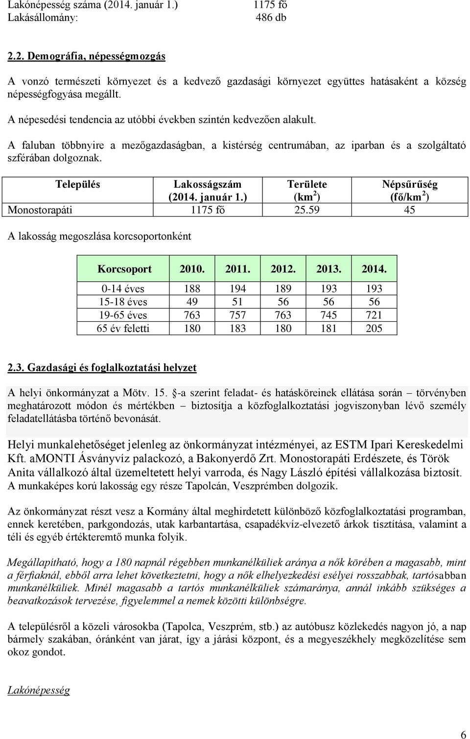 Település Lakosságszám Területe Népsűrűség (2014. január 1.) (km 2 ) (fő/km 2 ) Monostorapáti 1175 fő 25.59 45 A lakosság megoszlása korcsoportonként Korcsoport 2010. 2011. 2012. 2013. 2014.