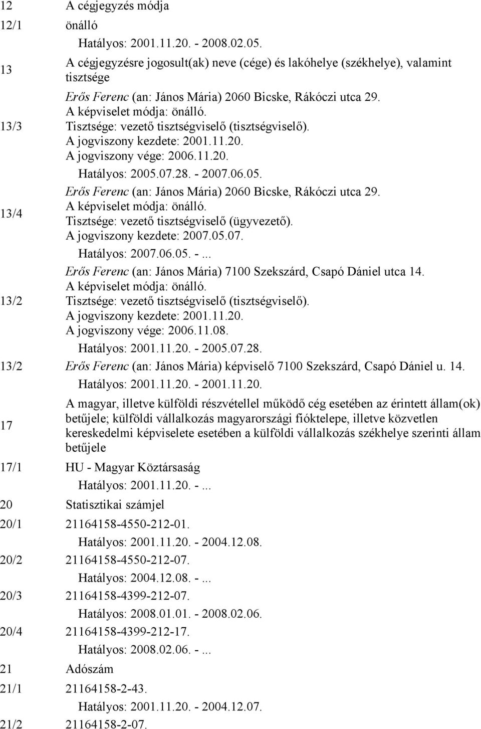 13/3 Tisztsége: vezetı tisztségviselı (tisztségviselı). A jogviszony kezdete: 2001.11.20. A jogviszony vége: 2006.11.20. Hatályos: 2005.07.28. - 2007.06.05. Erıs Ferenc (an: János Mária) 2060 Bicske, Rákóczi utca 29.