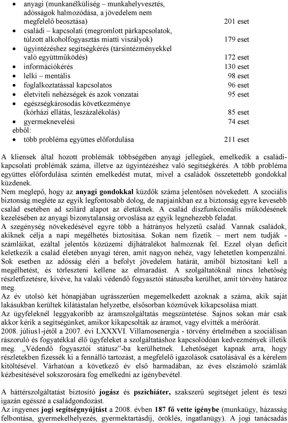 (kórházi ellátás, leszázalékolás) gyermeknevelési ebből: több probléma együttes előfordulása 201 eset 179 eset 172 eset 130 eset 98 eset 96 eset 95 eset 85 eset 74 eset 211 eset A kliensek által