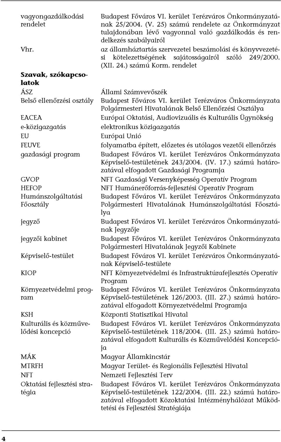 Környezetvédelmi program KSH Kulturális és közművelődési koncepció MÁK MTRFH NFT Oktatási fejlesztési stratégia Budapest Főváros VI. kerület Terézváros Önkormányzatának 25/2004. (V.