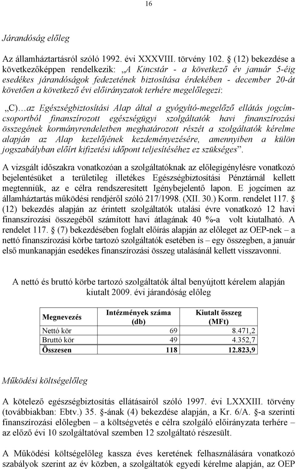 terhére megelőlegezi: C) az Egészségbiztosítási Alap által a gyógyító-megelőző ellátás jogcímcsoportból finanszírozott egészségügyi szolgáltatók havi finanszírozási összegének kormányrendeletben