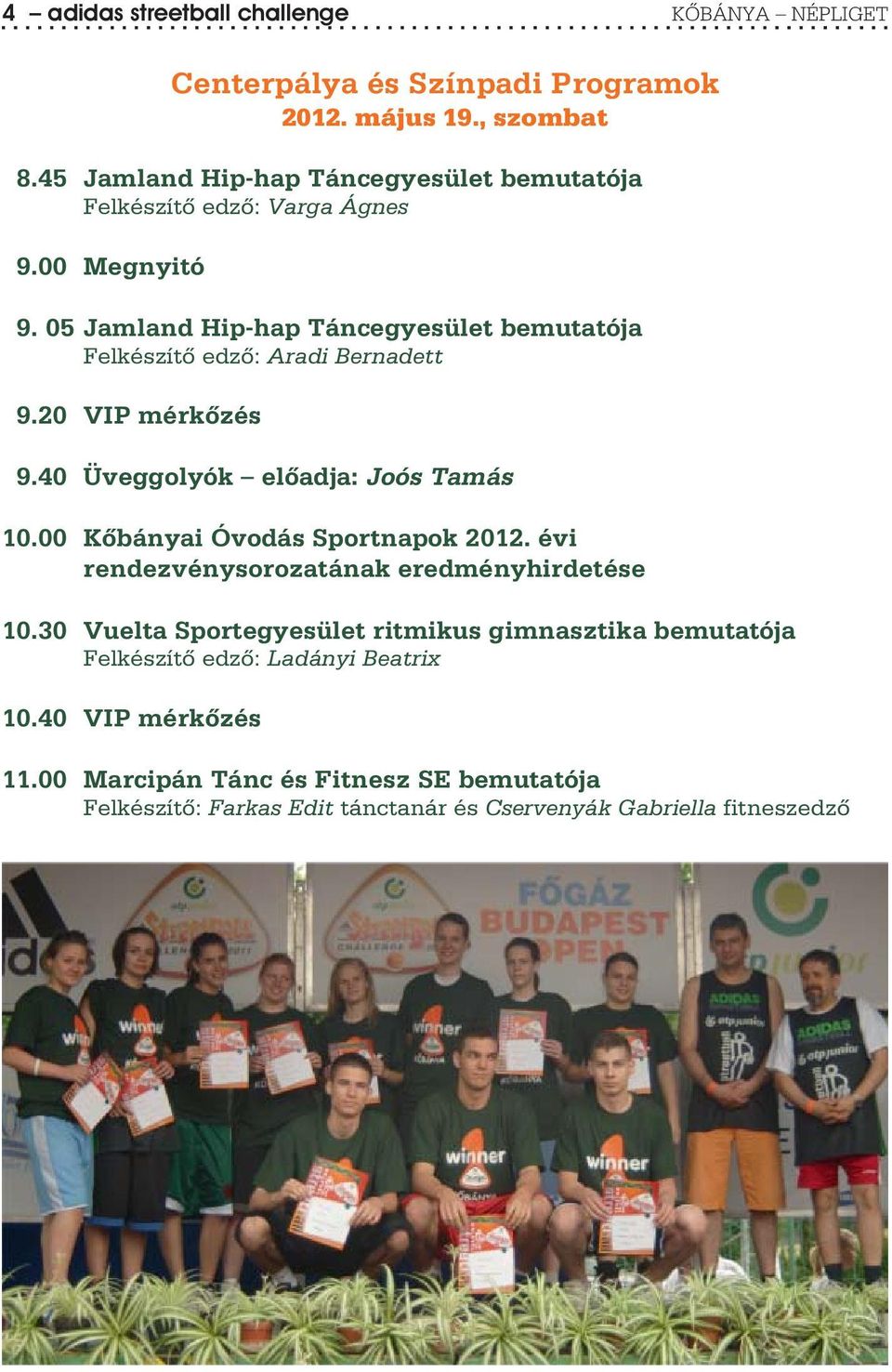 05 Jamland Hip-hap Táncegyesület bemutatója Felkészítõ edzõ: Aradi Bernadett 9.20 VIP mérkõzés 9.40 Üveggolyók elõadja: Joós Tamás 10.