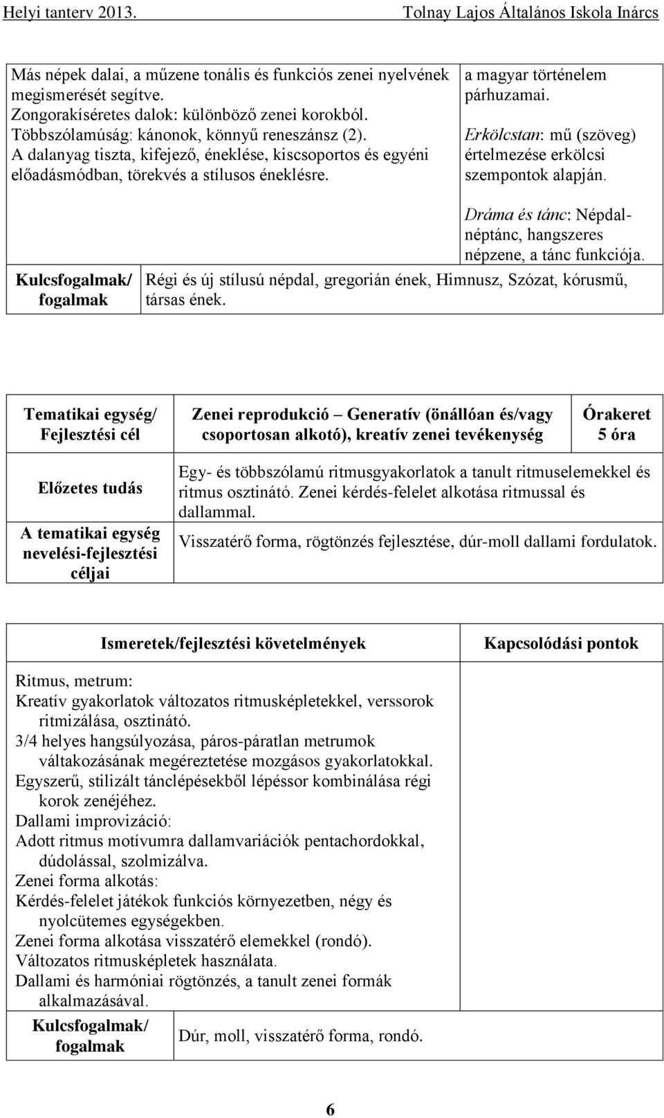 Erkölcstan: mű (szöveg) értelmezése erkölcsi szempontok alapján. Kulcs/ Dráma és tánc: Népdalnéptánc, hangszeres népzene, a tánc funkciója.