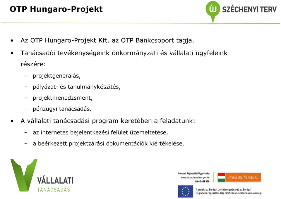 pályázat- és tanulmánykészítés, projektmenedzsment, pénzügyi tanácsadás.