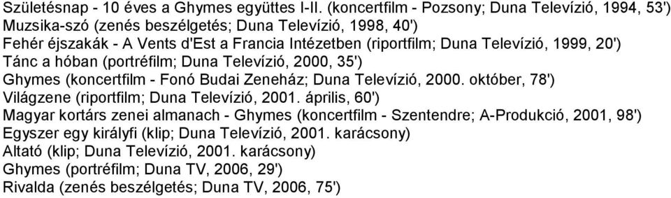 Televízió, 1999, 20') Tánc a hóban (portréfilm; Duna Televízió, 2000, 35') Ghymes (koncertfilm - Fonó Budai Zeneház; Duna Televízió, 2000.