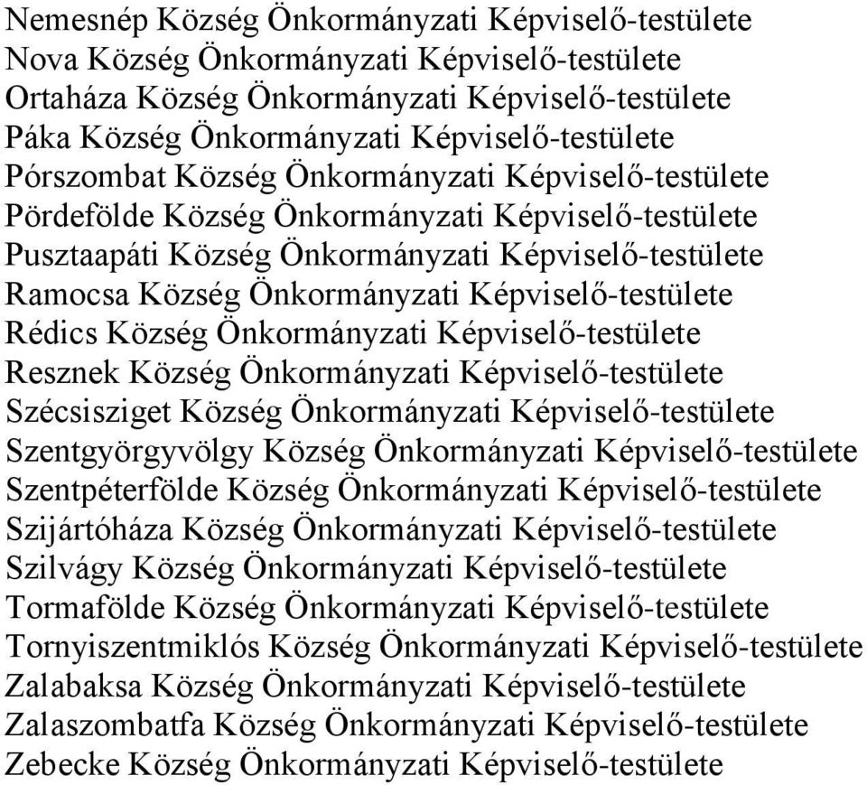 Képviselő-testülete Rédics Község Önkormányzati Képviselő-testülete Resznek Község Önkormányzati Képviselő-testülete Szécsisziget Község Önkormányzati Képviselő-testülete Szentgyörgyvölgy Község