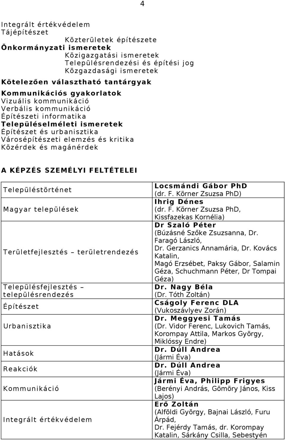 Közérdek és magánérdek A KÉPZÉS SZEMÉLYI FELTÉTELEI Településtörténet Magyar települések Területfejlesztés területrendezés Településfejlesztés településrendezés Építészet Urbanisztika Hatások