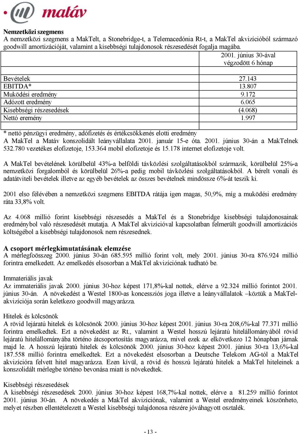 997 * nettó pénzügyi eredmény, adófizetés és értékcsökkenés elotti eredmény A MakTel a Matáv konszolidált leányvállalata 2001. január 15-e óta. 2001. június 30-án a MakTelnek 532.