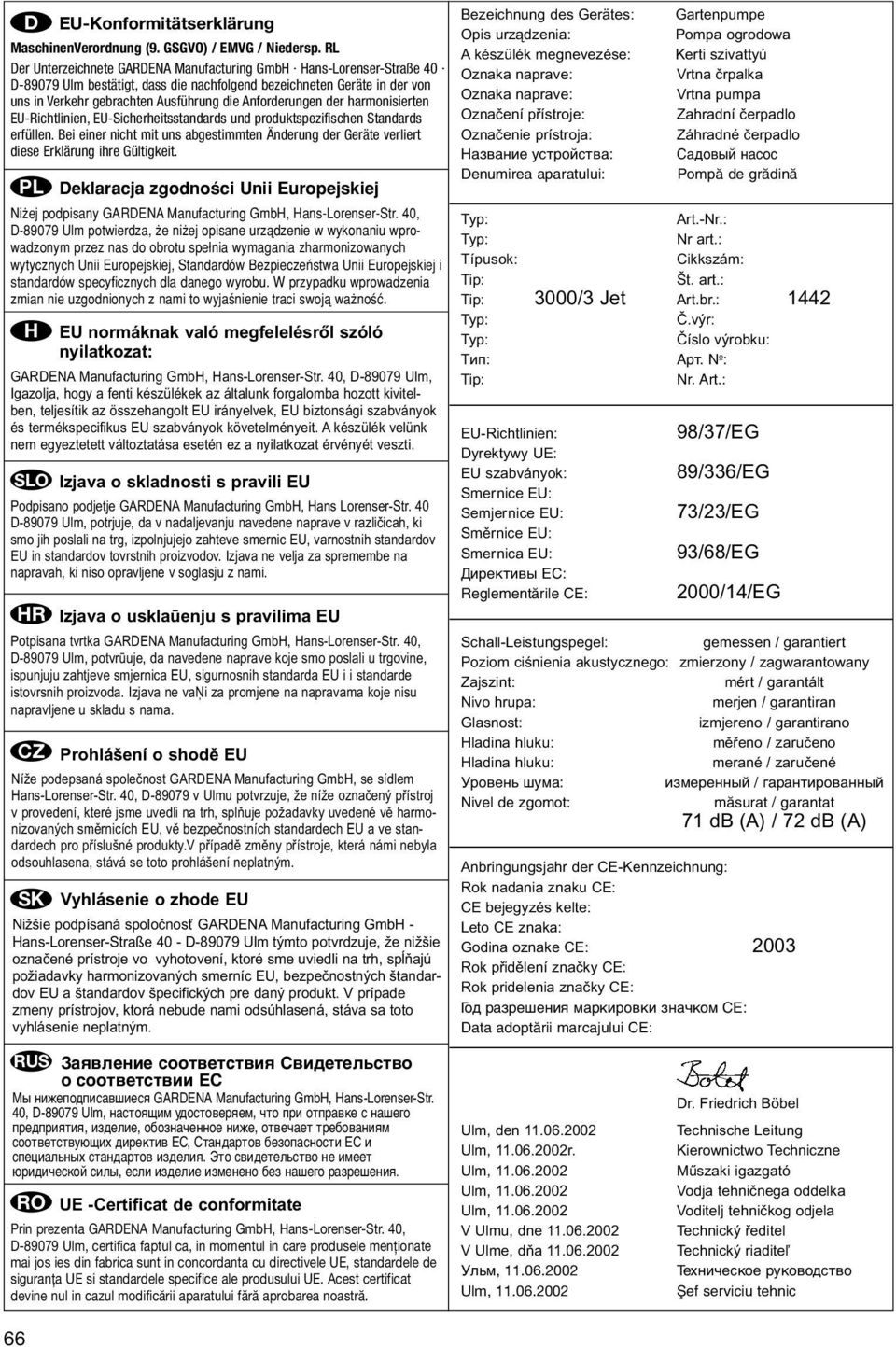 Geräte in der von uns in Verkehr gebrachten Ausführung die Anforderungen der harmonisierten Oznaka naprave: Vrtna pumpa EU-Richtlinien, EU-Sicherheitsstandards und produktspezifischen Standards