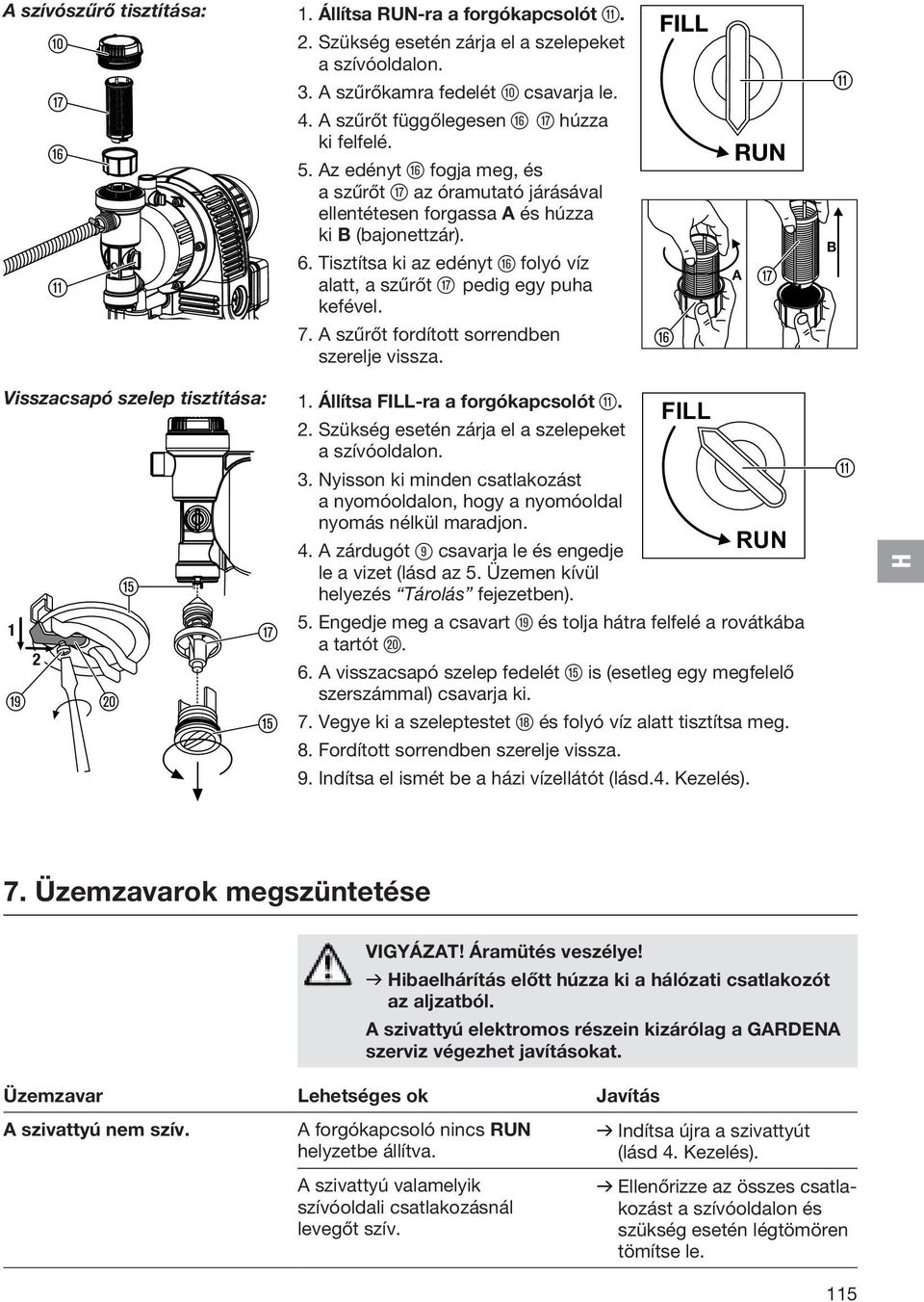 Tisztítsa ki az edényt z folyó víz alatt, a szűrőt u pedig egy puha kefével. 7. A szűrőt fordított sorrendben szerelje vissza. FILL z RUN A u B q Visszacsapó szelep tisztítása: t 1.