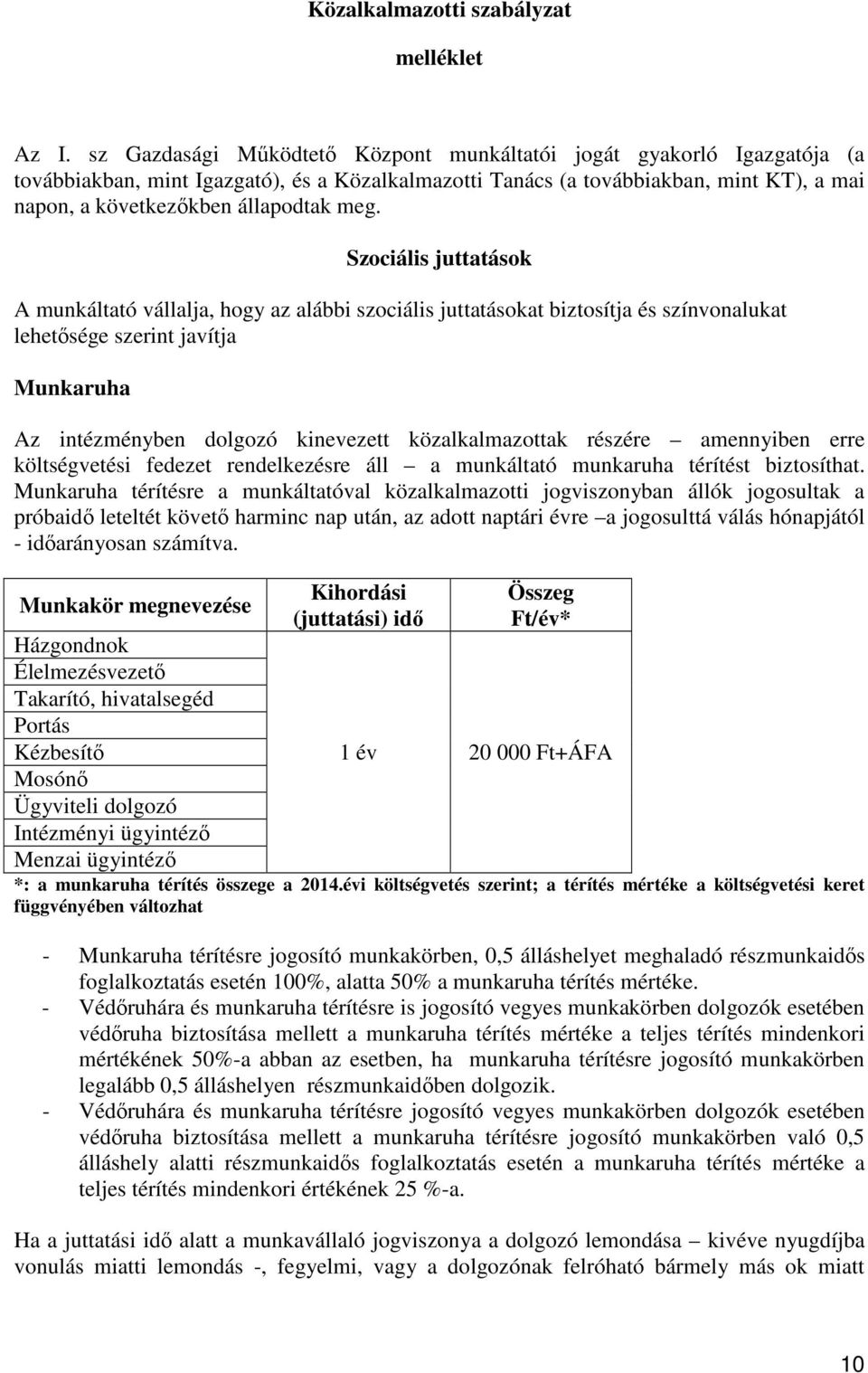 meg. Szociális juttatások A munkáltató vállalja, hogy az alábbi szociális juttatásokat biztosítja és színvonalukat lehetősége szerint javítja Munkaruha Az intézményben dolgozó kinevezett