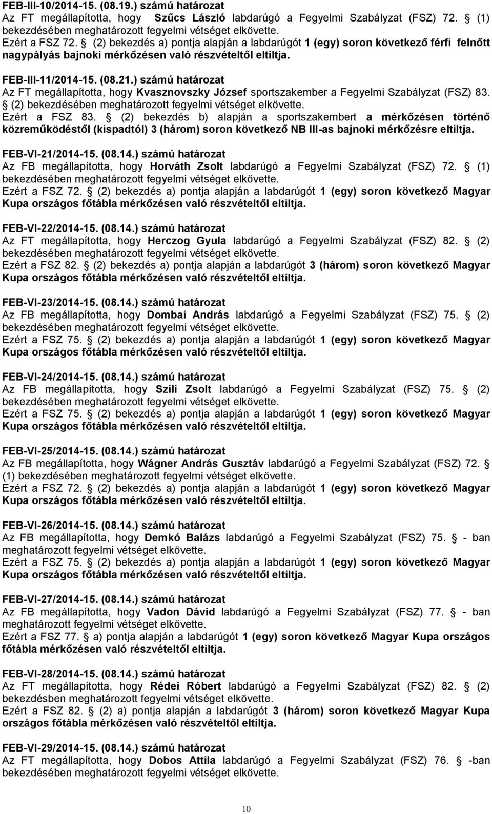 ) számú határozat Az FT megállapította, hogy Kvasznovszky József sportszakember a Fegyelmi Szabályzat (FSZ) 83. (2) Ezért a FSZ 83.