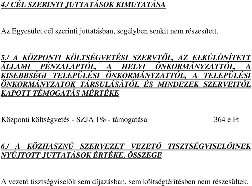 TELEPÜLÉSI ÖNKORMÁNYZATOK TÁRSULÁSÁTÓL ÉS MINDEZEK SZERVEITŐL KAPOTT TÉMOGATÁS MÉRTÉKE Központi költségvetés - SZJA 1% - támogatása 364 e Ft