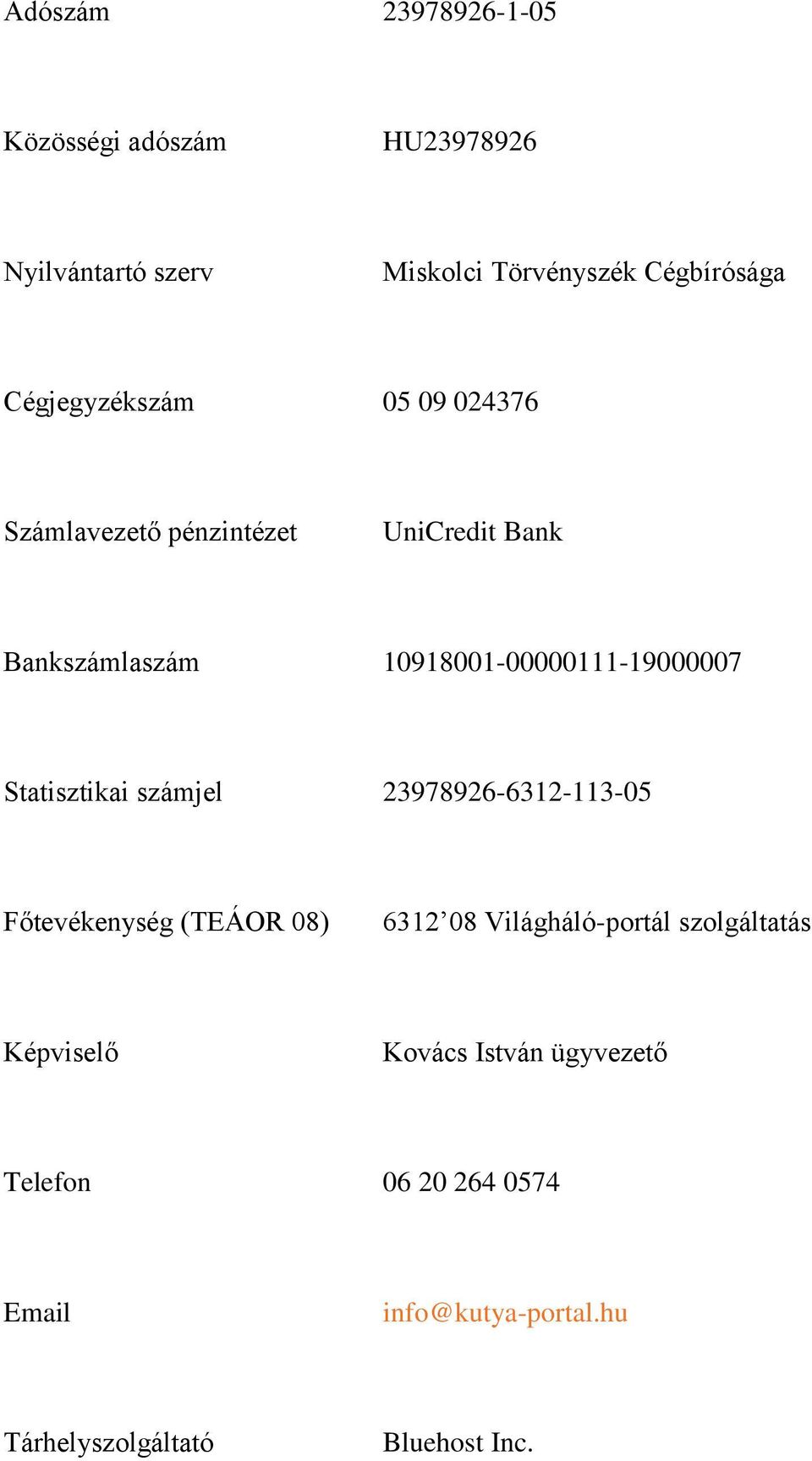 10918001-00000111-19000007 Statisztikai számjel 23978926-6312-113-05 Főtevékenység (TEÁOR 08) 6312 08