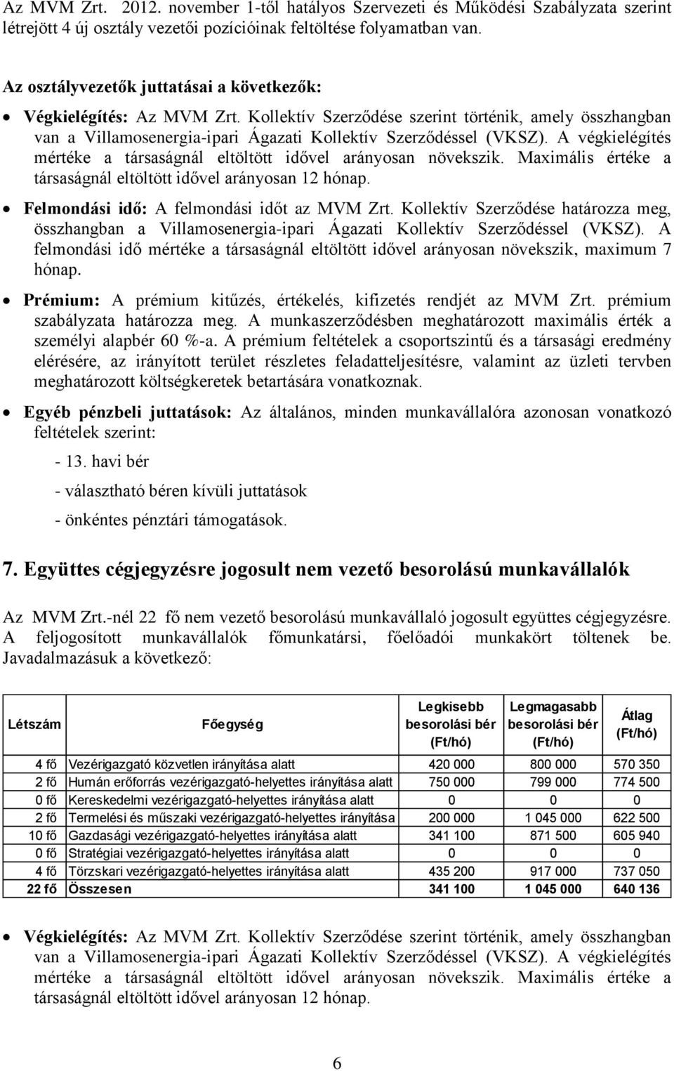 A végkielégítés mértéke a társaságnál eltöltött idővel arányosan növekszik. Maximális értéke a társaságnál eltöltött idővel arányosan 12 hónap. Felmondási idő: A felmondási időt az MVM Zrt.