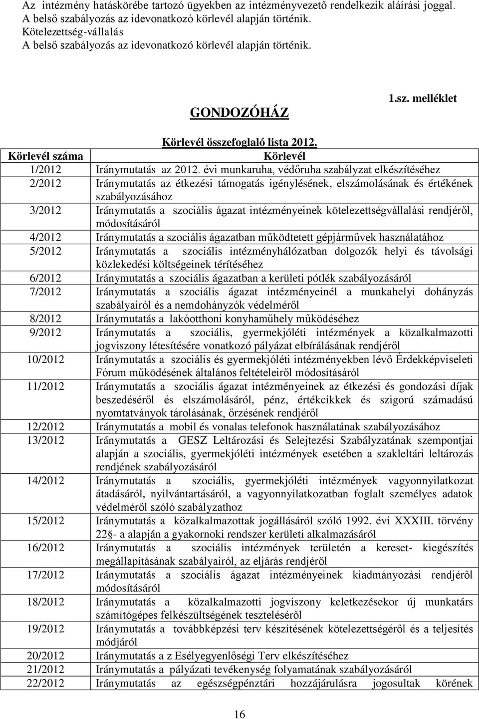 évi munkaruha, védőruha szabályzat elkészítéséhez 2/2012 Iránymutatás az étkezési támogatás igénylésének, elszámolásának és értékének szabályozásához 3/2012 Iránymutatás a szociális ágazat