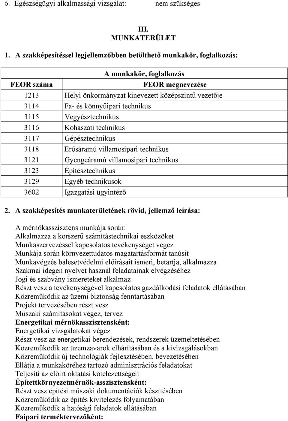 könnyűipari technikus 3115 Vegyésztechnikus 3116 Kohászati technikus 3117 Gépésztechnikus 3118 Erősáramú villamosipari technikus 3121 Gyengeáramú villamosipari technikus 3123 Építésztechnikus 3129