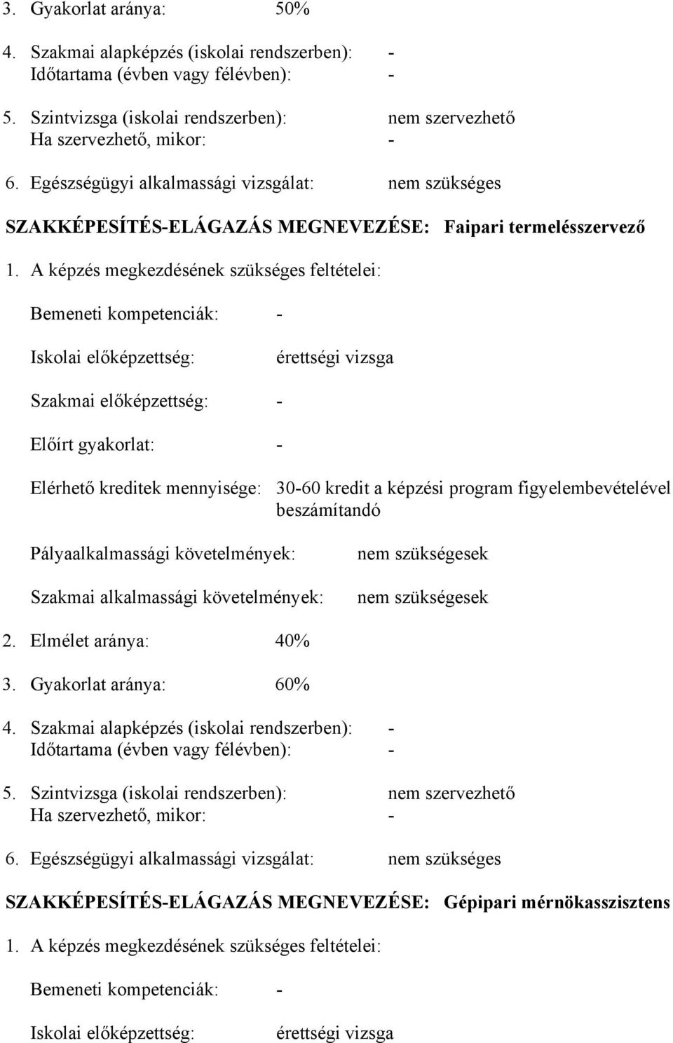A képzés megkezdésének szükséges feltételei: emeneti kompetenciák: - Iskolai előképzettség: érettségi vizsga Szakmai előképzettség: - Előírt gyakorlat: - Elérhető kreditek mennyisége: 30-60 kredit a