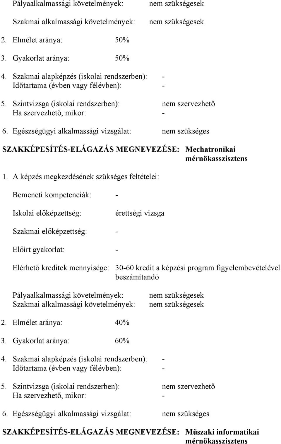 Egészségügyi alkalmassági vizsgálat: nem szükséges SZAKKÉPESÍTÉS-ELÁGAZÁS MEGNEVEZÉSE: Mechatronikai mérnökasszisztens 1.