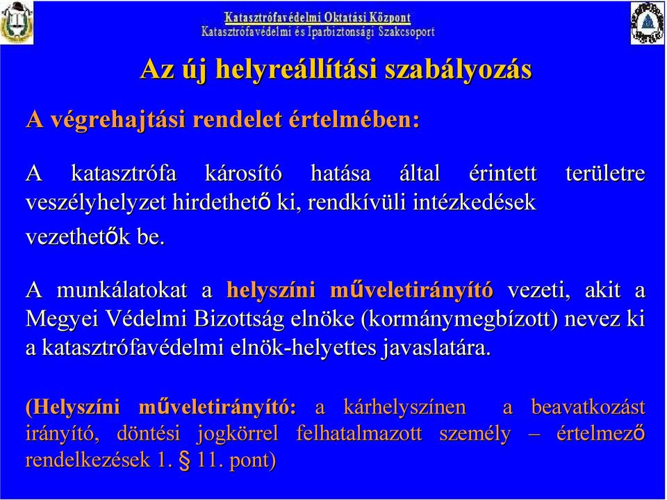 A munkálatokat a helyszíni műveletirm veletirányító vezeti, akit a Megyei Védelmi V Bizottság g elnöke (kormánymegb nymegbízott) nevez ki a