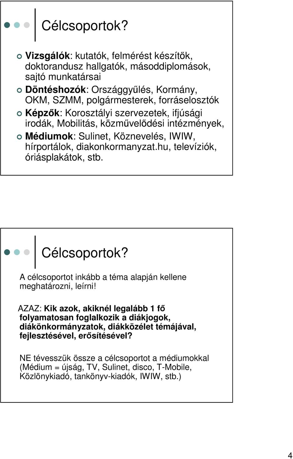 Korosztályi szervezetek, ifjúsági irodák, Mobilitás, közmveldési intézmények, Médiumok: Sulinet, Köznevelés, IWIW, hírportálok, diakonkormanyzat.hu, televíziók, óriásplakátok, stb.