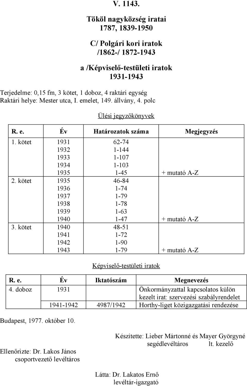 kötet 1940 1941 1942 1943 62-74 1-144 1-107 1-103 1-45 + mutató A-Z 46-84 1-74 1-79 1-78 1-63 1-47 + mutató A-Z 48-51 1-72 1-90 1-79 + mutató A-Z