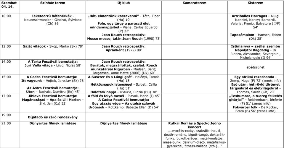 Jean Rouch retrospektív: Mosso mosso, talán Jean Rouch (1998) 73' Artriballes Harragas - Aluigi Nannini, Nancy; Bernardi, Valeria; Fronio, Salvatore ( I/F) 54 Taposómalom - Hansen, Esben (Dk) 28
