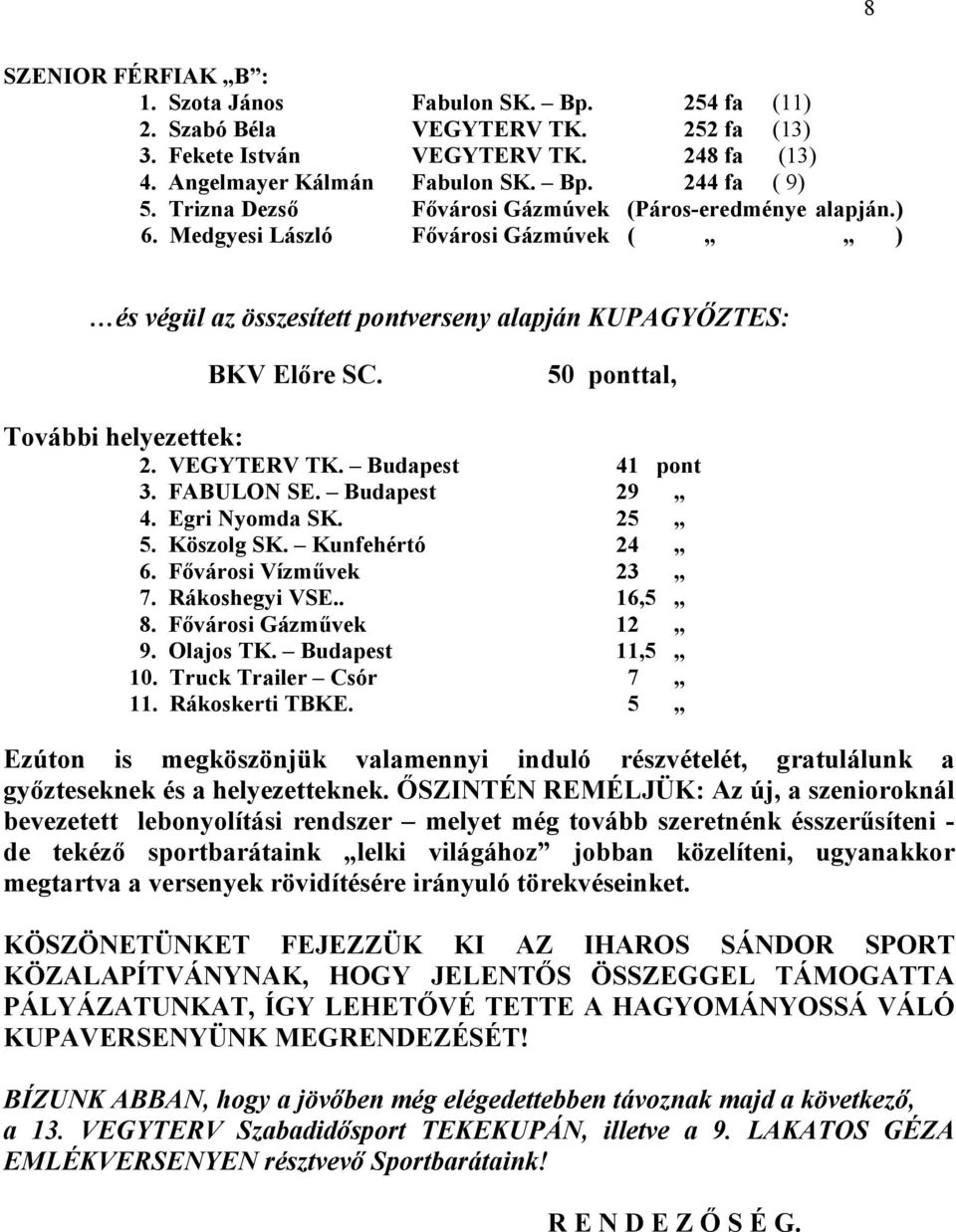 50 ponttal, További helyezettek: 2. VEGYTERV TK. Budapest 41 pont 3. FABULON SE. Budapest 29 4. Egri Nyomda SK. 25 5. Köszolg SK. Kunfehértó 24 6. Fővárosi Vízművek 23 7. Rákoshegyi VSE.. 16,5 8.