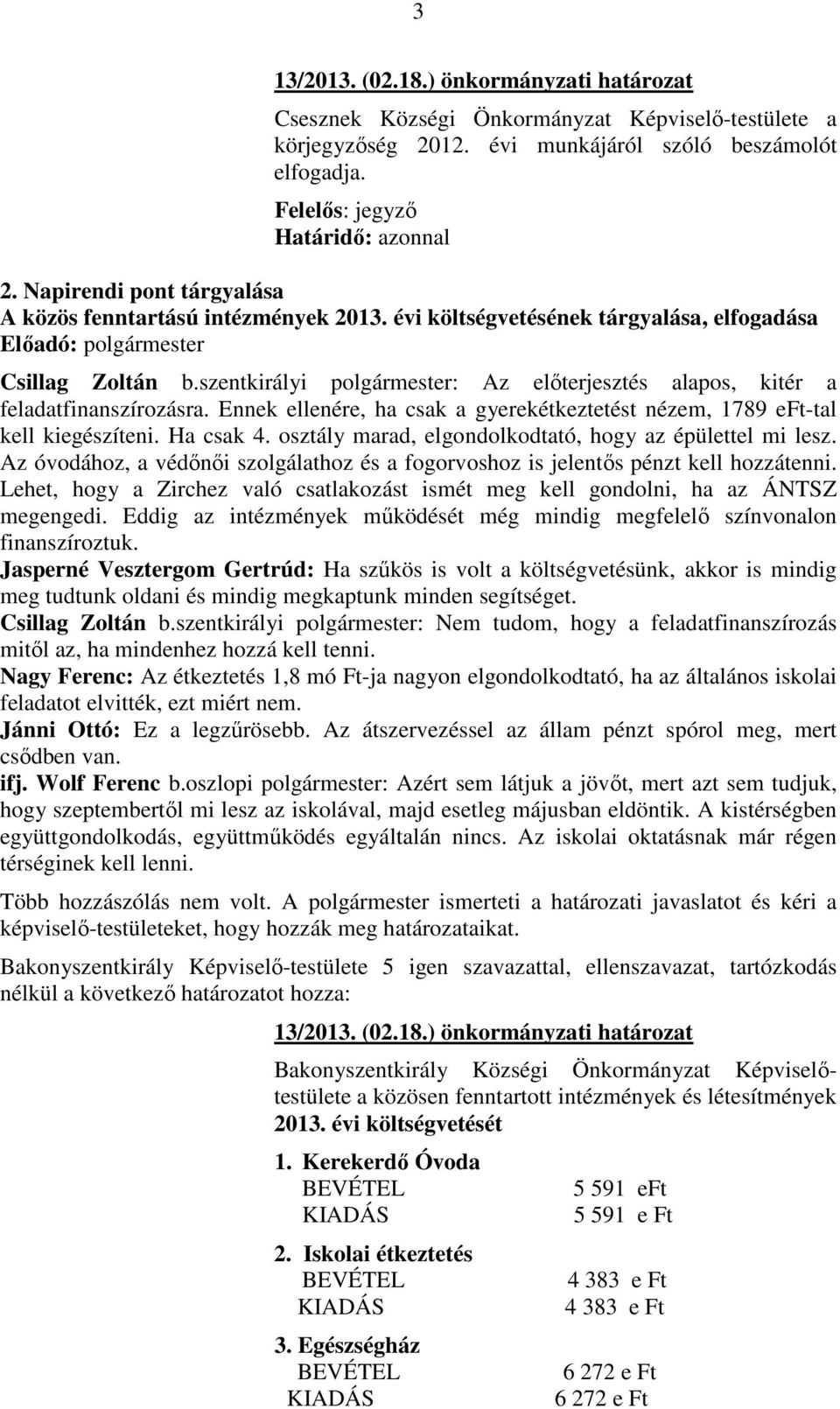 szentkirályi polgármester: Az előterjesztés alapos, kitér a feladatfinanszírozásra. Ennek ellenére, ha csak a gyerekétkeztetést nézem, 1789 eft-tal kell kiegészíteni. Ha csak 4.