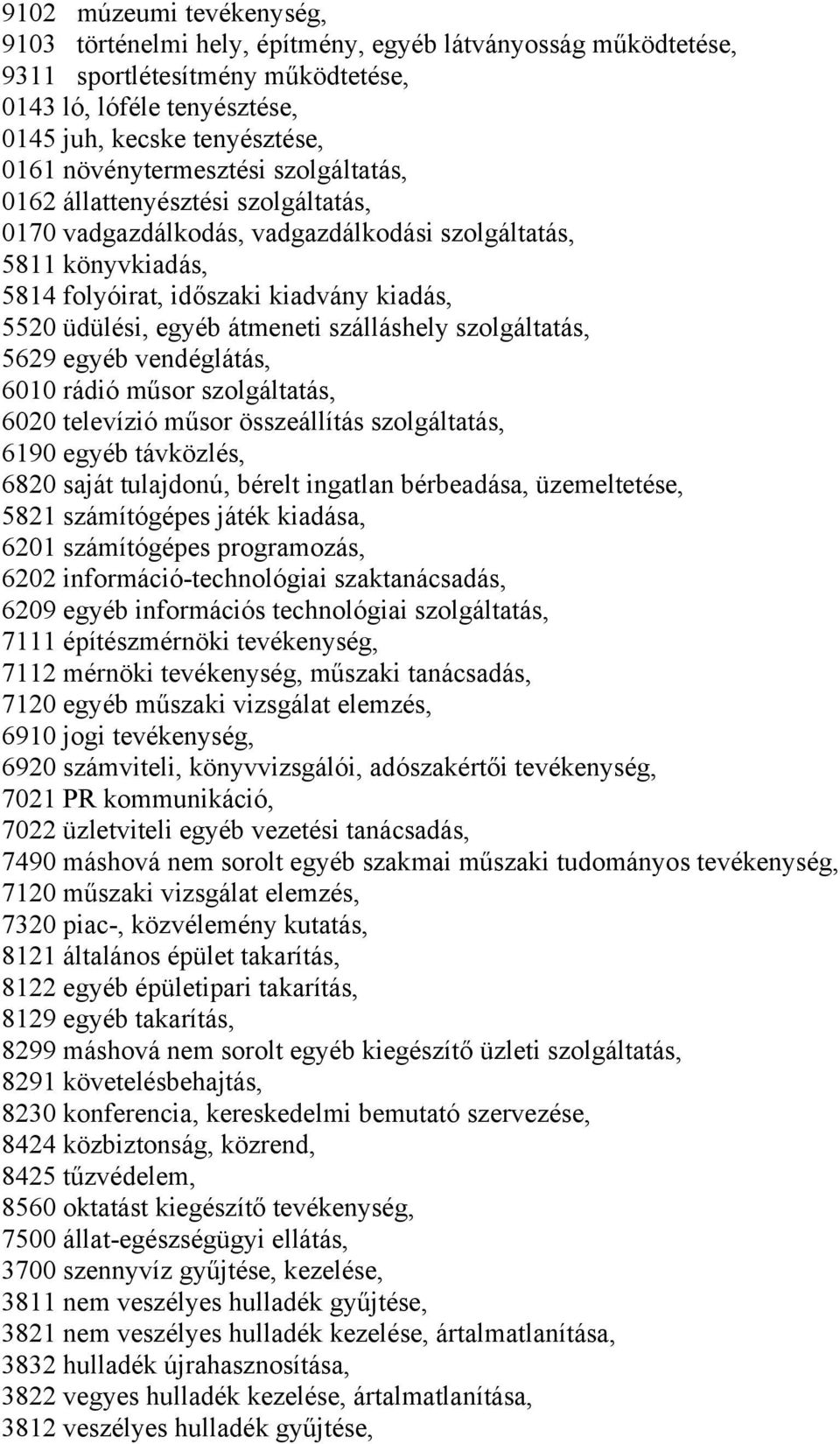 átmeneti szálláshely szolgáltatás, 5629 egyéb vendéglátás, 6010 rádió műsor szolgáltatás, 6020 televízió műsor összeállítás szolgáltatás, 6190 egyéb távközlés, 6820 saját tulajdonú, bérelt ingatlan