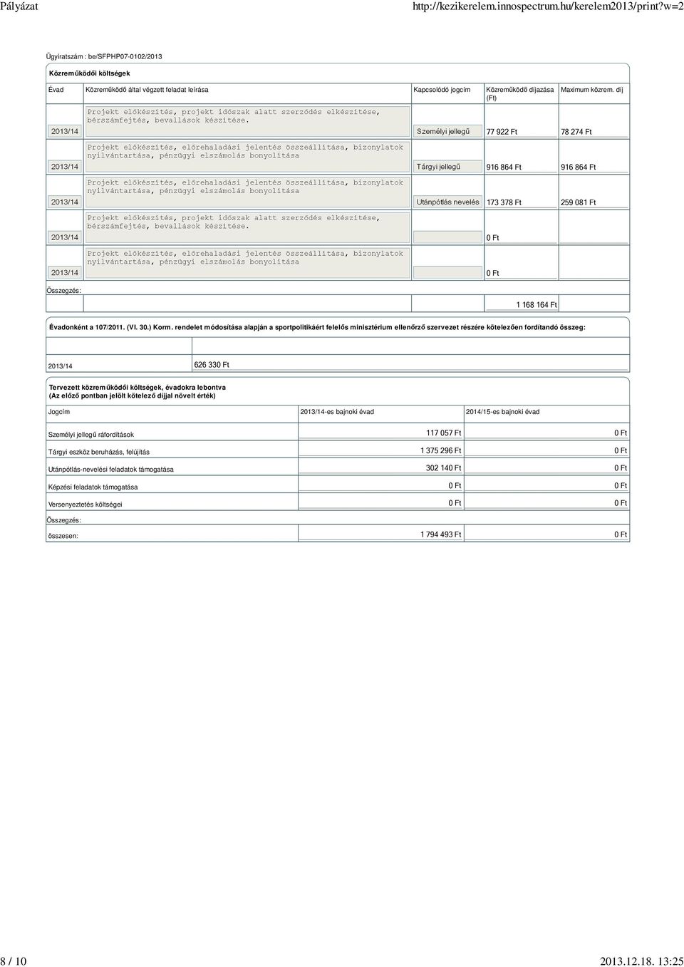 rendelet módosítása alapján a sportpolitikáért felelıs minisztérium ellenırzı szervezet részére kötelezıen fordítandó összeg: 2013/14 626 33 Tervezett közremőködıi költségek, évadokra lebontva