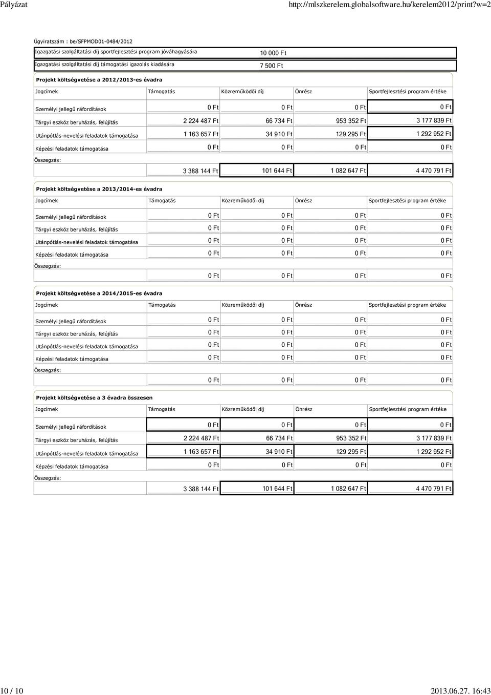 Támogatás Közreműködői díj Önrész Sportfejlesztési program értéke Személyi jellegű ráfordítások Tárgyi eszköz beruházás, felújítás Utánpótlás-nevelési feladatok támogatása Képzési feladatok