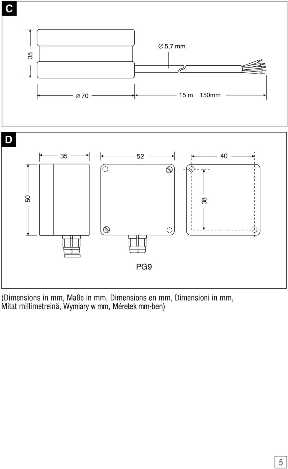 Dimensions en mm, Dimensioni in mm, Mitat