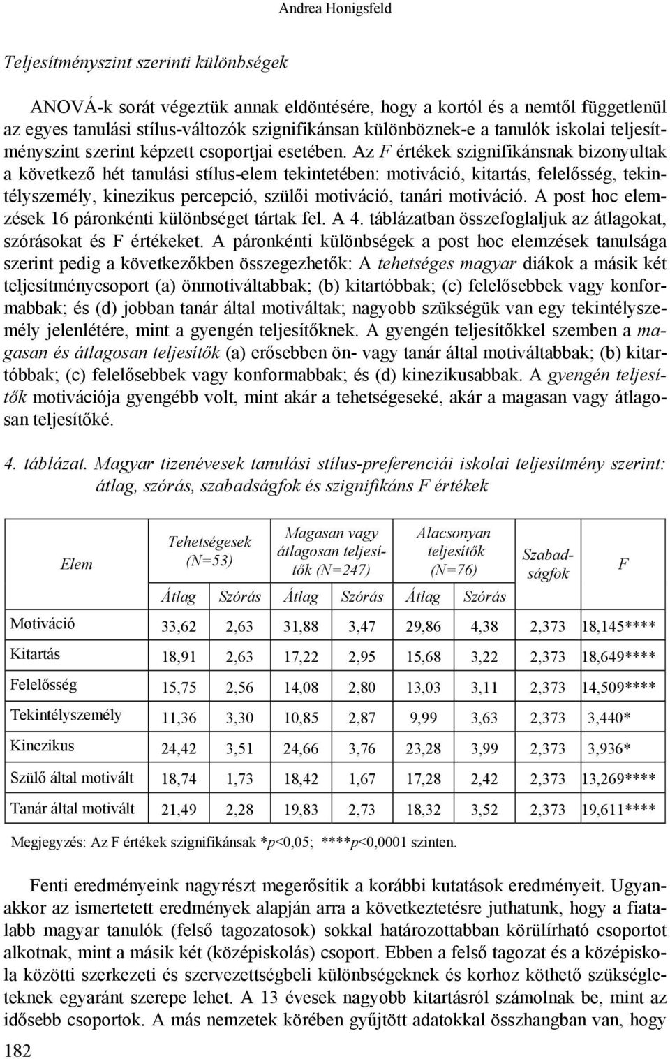 Az F értékek szignifikánsnak bizonyultak a következő hét tanulási stílus-elem tekintetében: motiváció, kitartás, felelősség, tekintélyszemély, kinezikus percepció, szülői motiváció, tanári motiváció.