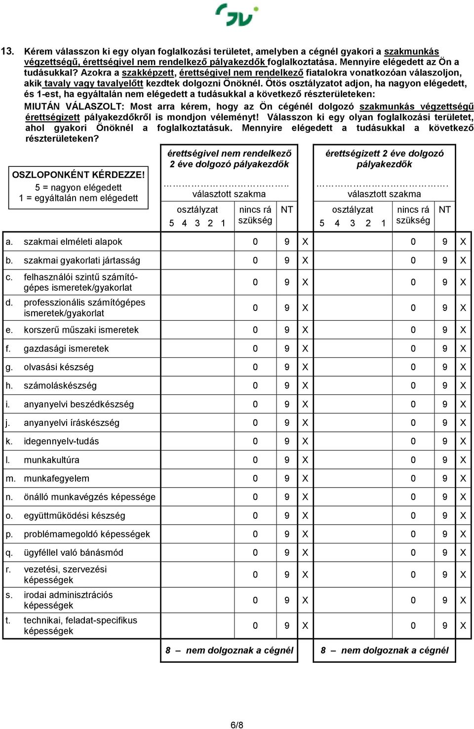 Ötös osztályzatot adjon, ha nagyon elégedett, és 1-est, ha egyáltalán nem elégedett a tudásukkal a következı részterületeken: MIUTÁN VÁLASZOLT: Most arra kérem, hogy az Ön cégénél dolgozó szakmunkás