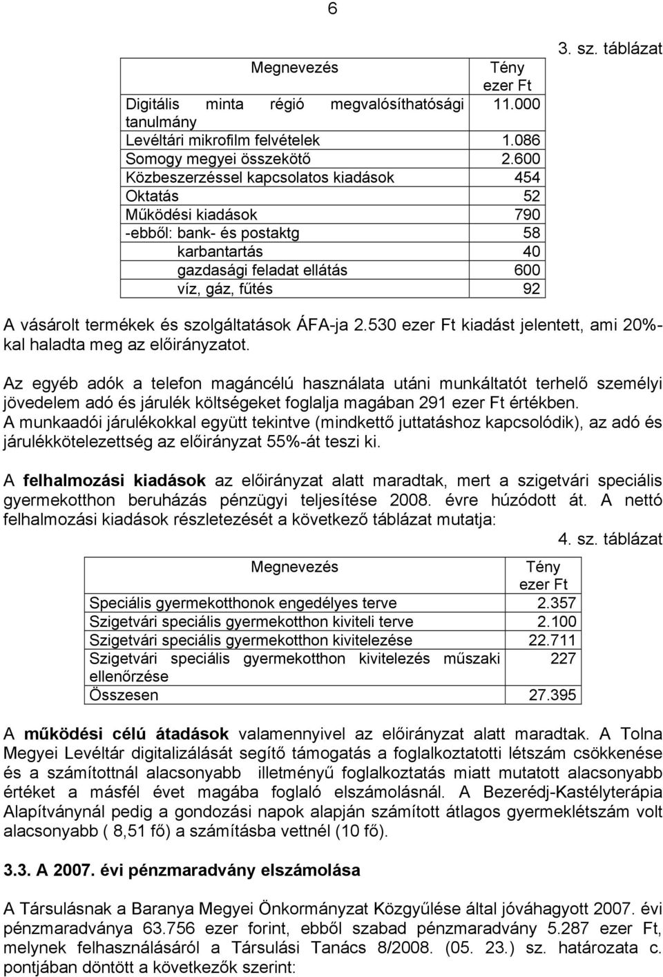 táblázat A vásárolt termékek és szolgáltatások ÁFA-ja 2.530 ezer Ft kiadást jelentett, ami 20%- kal haladta meg az előirányzatot.