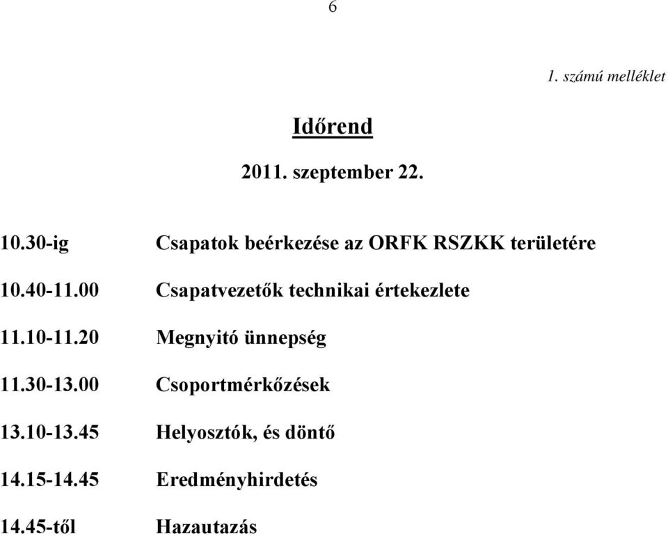 00 Csapatvezetők technikai értekezlete 11.10-11.20 Megnyitó ünnepség 11.