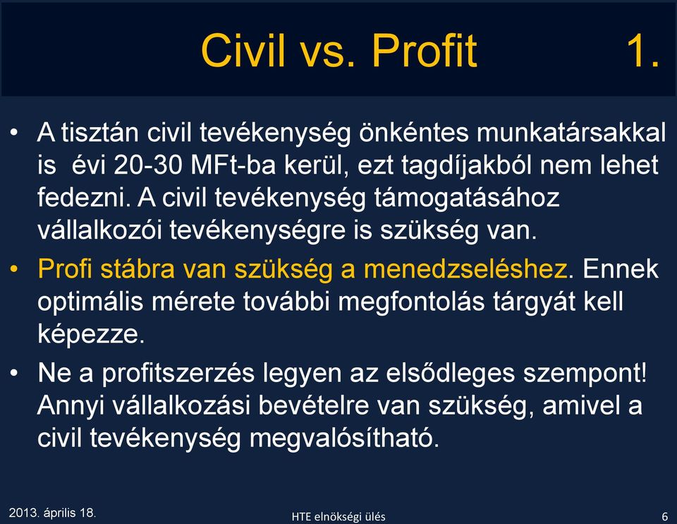 A civil tevékenység támogatásához vállalkozói tevékenységre is szükség van. Profi stábra van szükség a menedzseléshez.